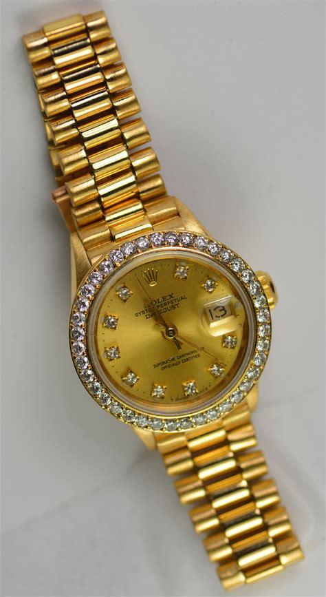 ladies gold rolex diamond bezel|Rolex women's datejust diamond bezel.